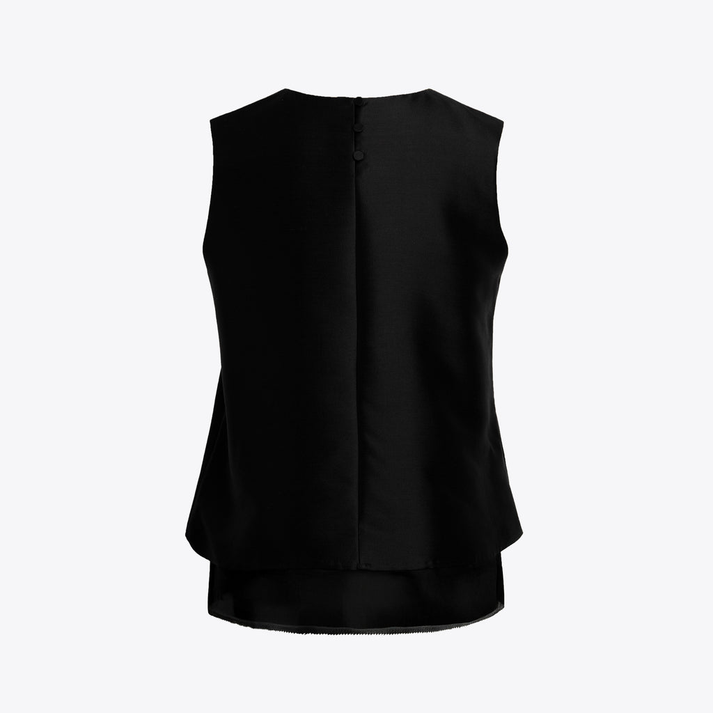 Black sleeveless top on a light gray background