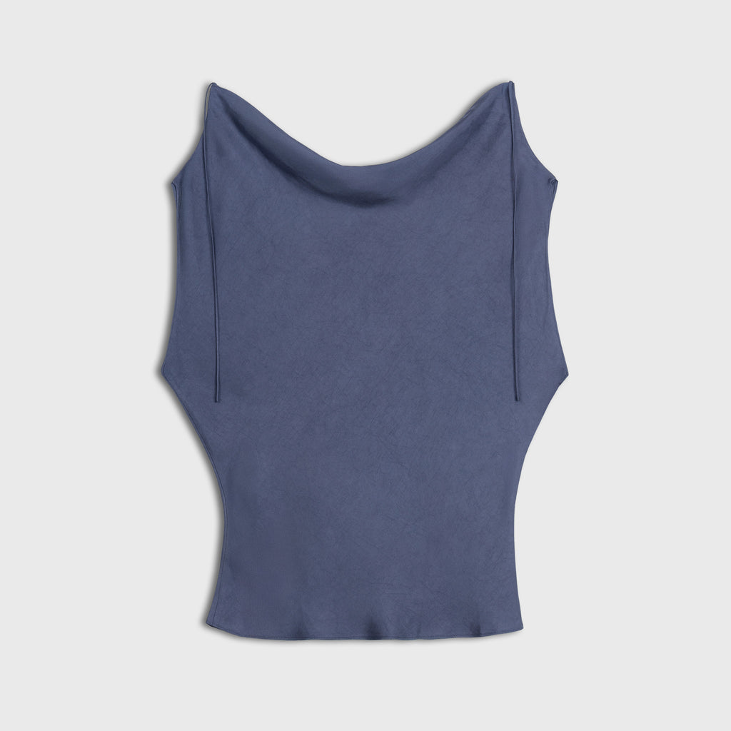 Blue sleeveless top on a light gray background