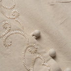 Close-up of beige vest with embroidered patterns and pom-poms.