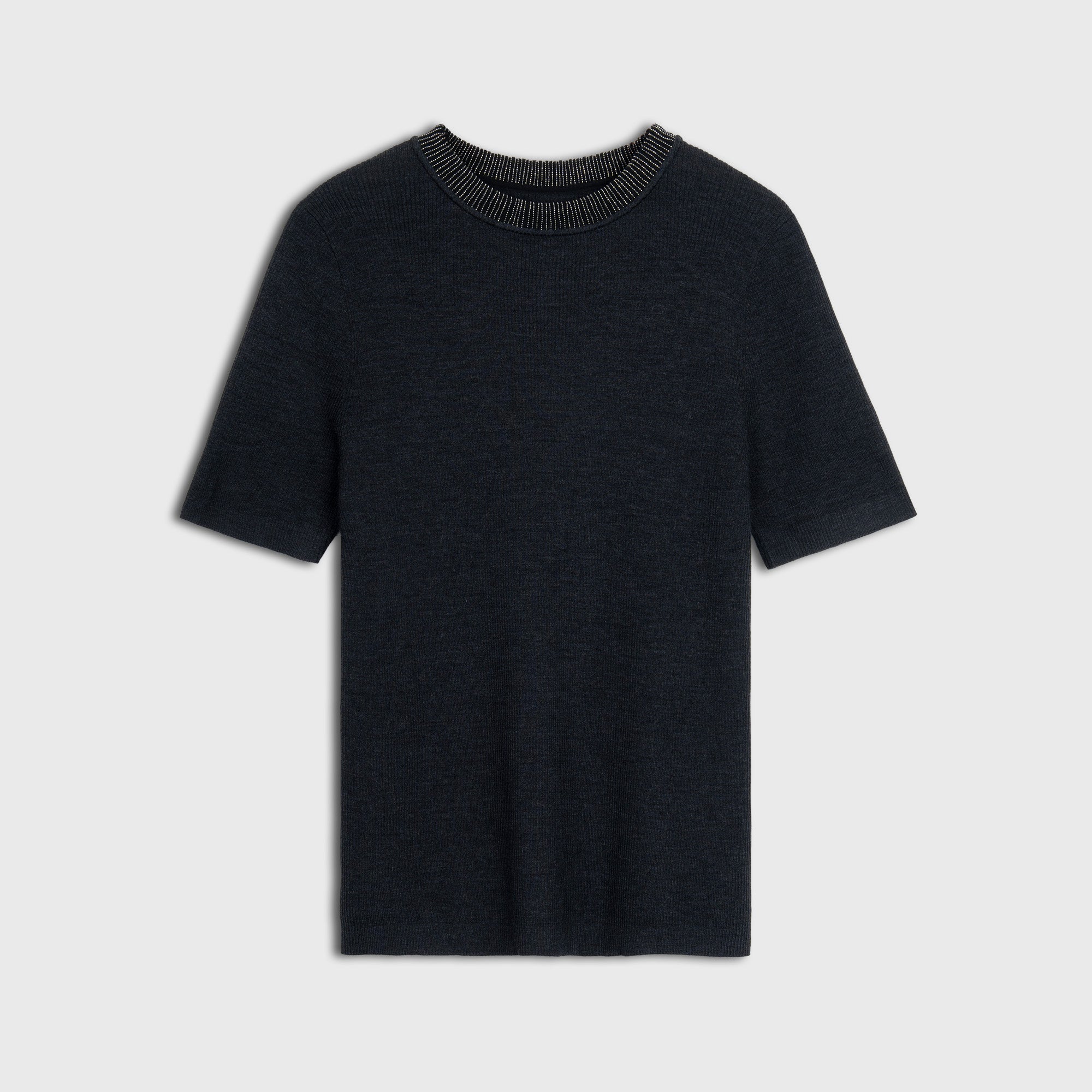 Black wool tee with ribbed collar on a light gray background