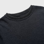 Close-up of a dark gray sweater collar on a light gray background