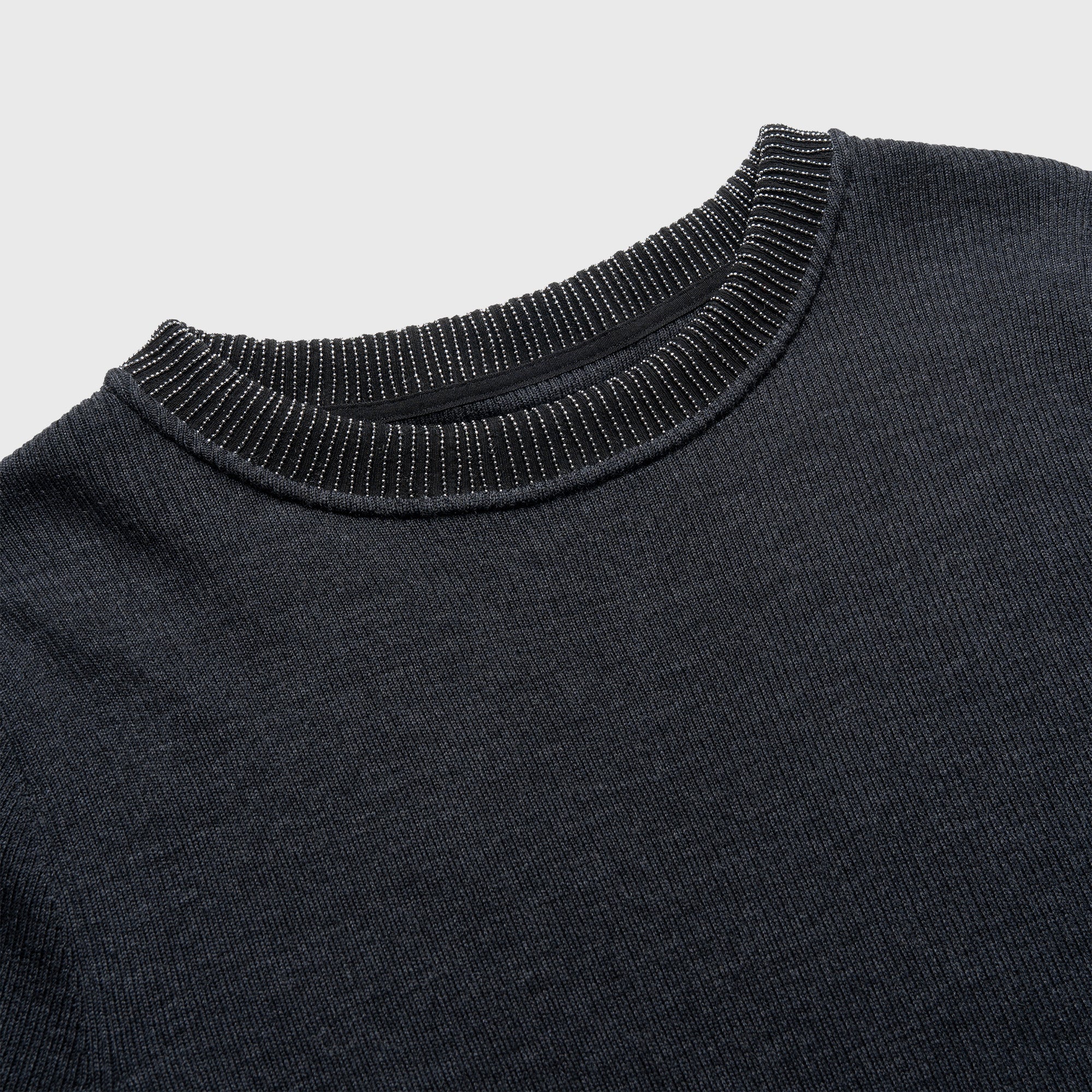 Close-up of a dark gray sweater collar on a light gray background