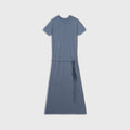 Blue dress with a tie waist on a light gray background
