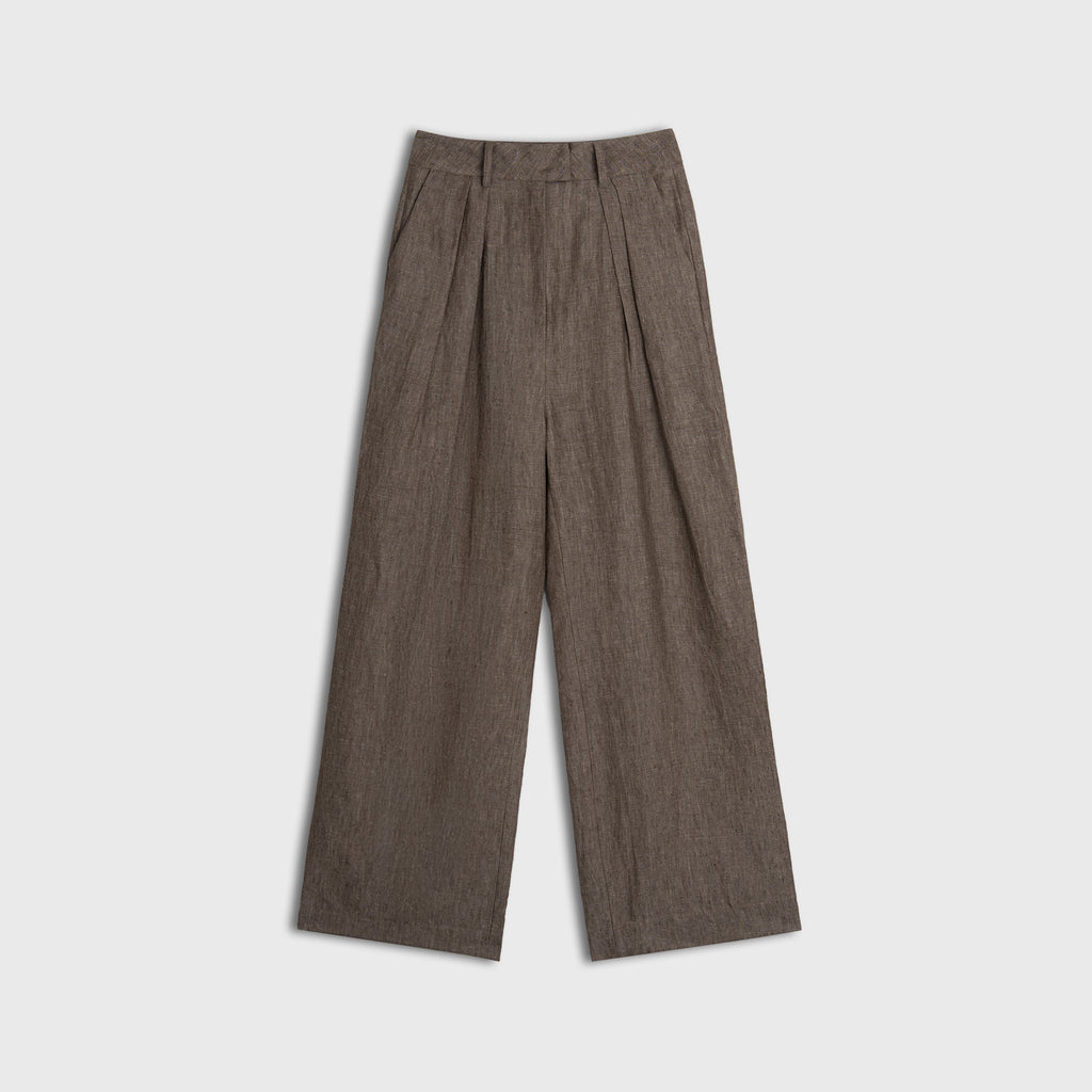 Brown pleated pants on a light gray background