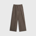 Brown pleated pants on a light gray background