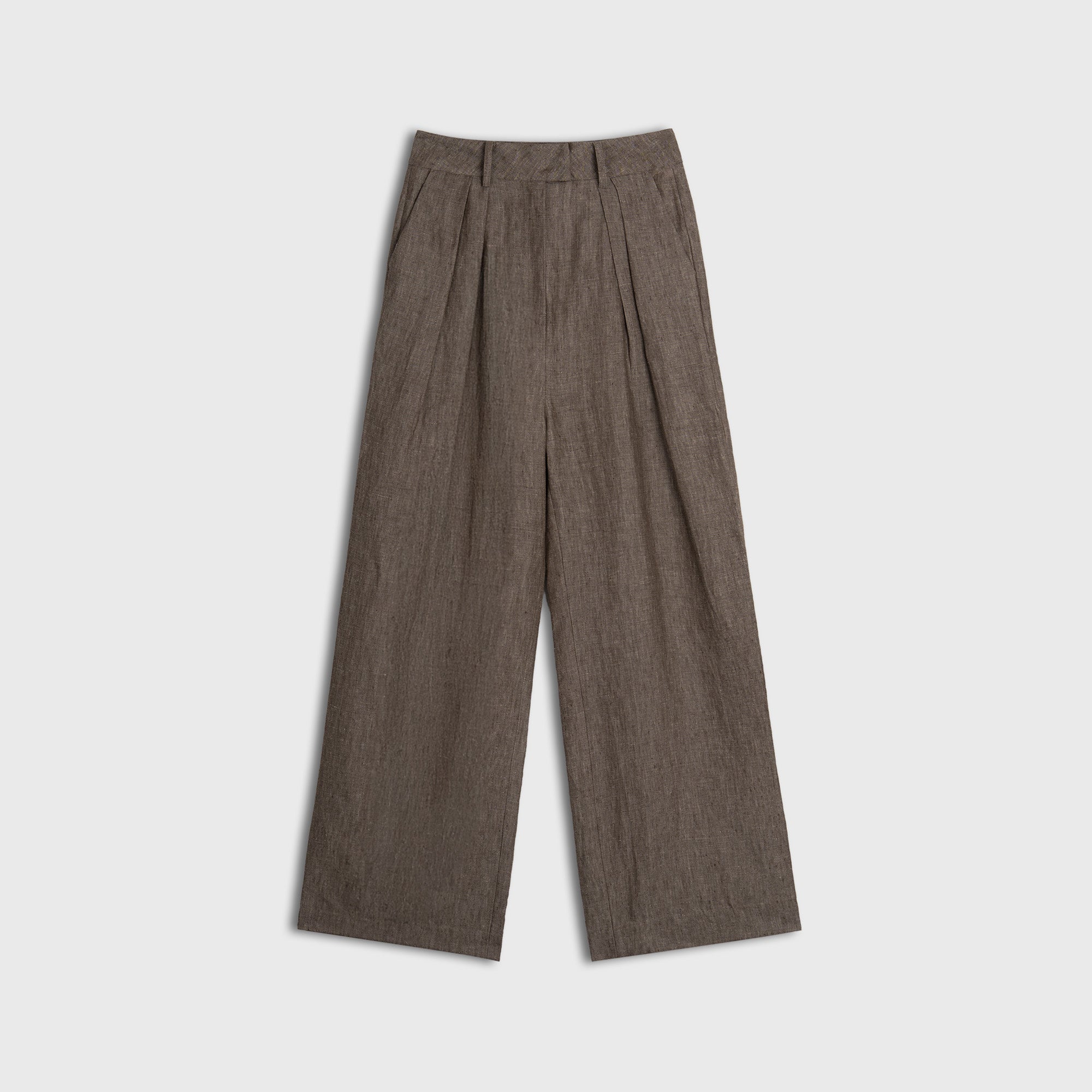 Brown pleated pants on a light gray background