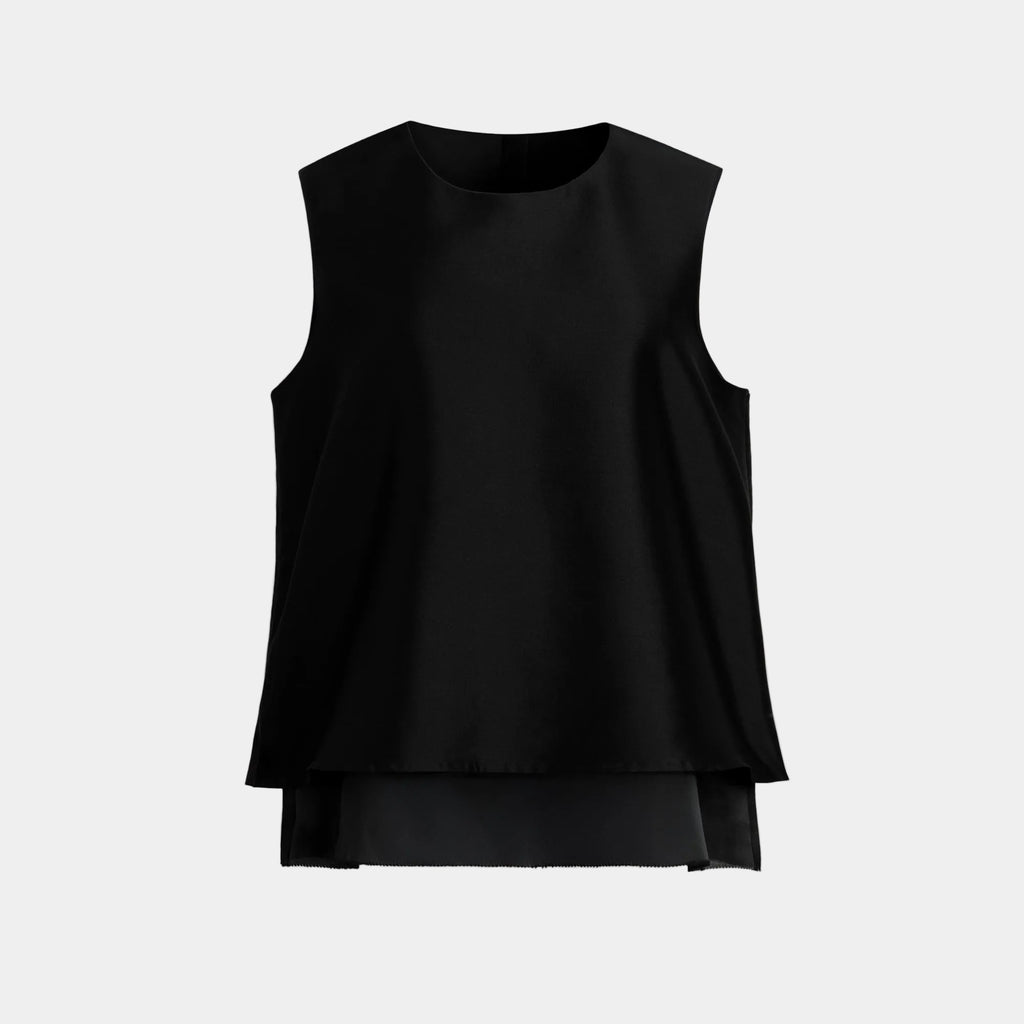 Black sleeveless top on a light gray background