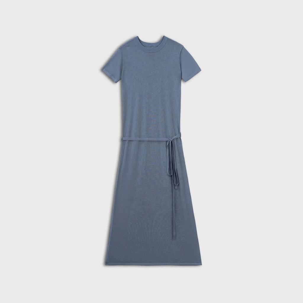 Blue dress with a tie waist on a light gray background
