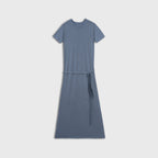 Blue dress with a tie waist on a light gray background