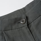 Close-up of a button on a moss greenb fabric with a white background