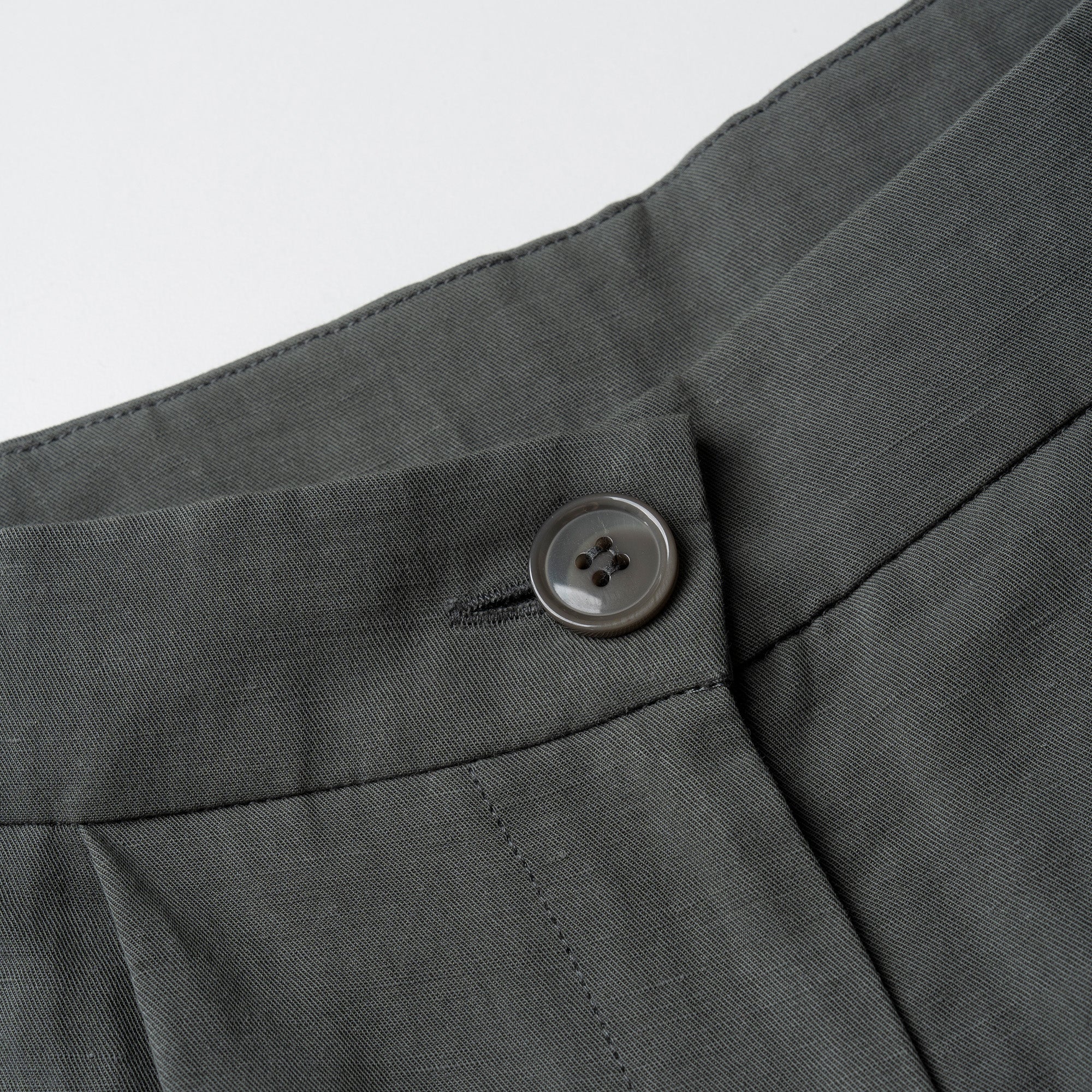 Close-up of a button on a moss greenb fabric with a white background