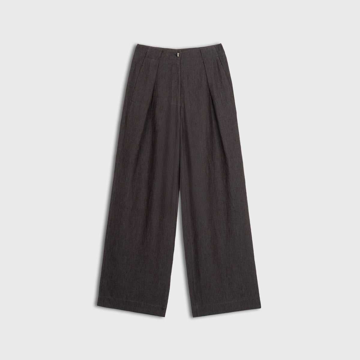 Dark mocha wide-leg pants on a light gray background
