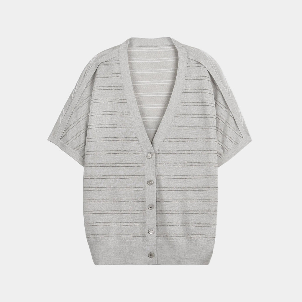 Gray cardigan with button details on a white background