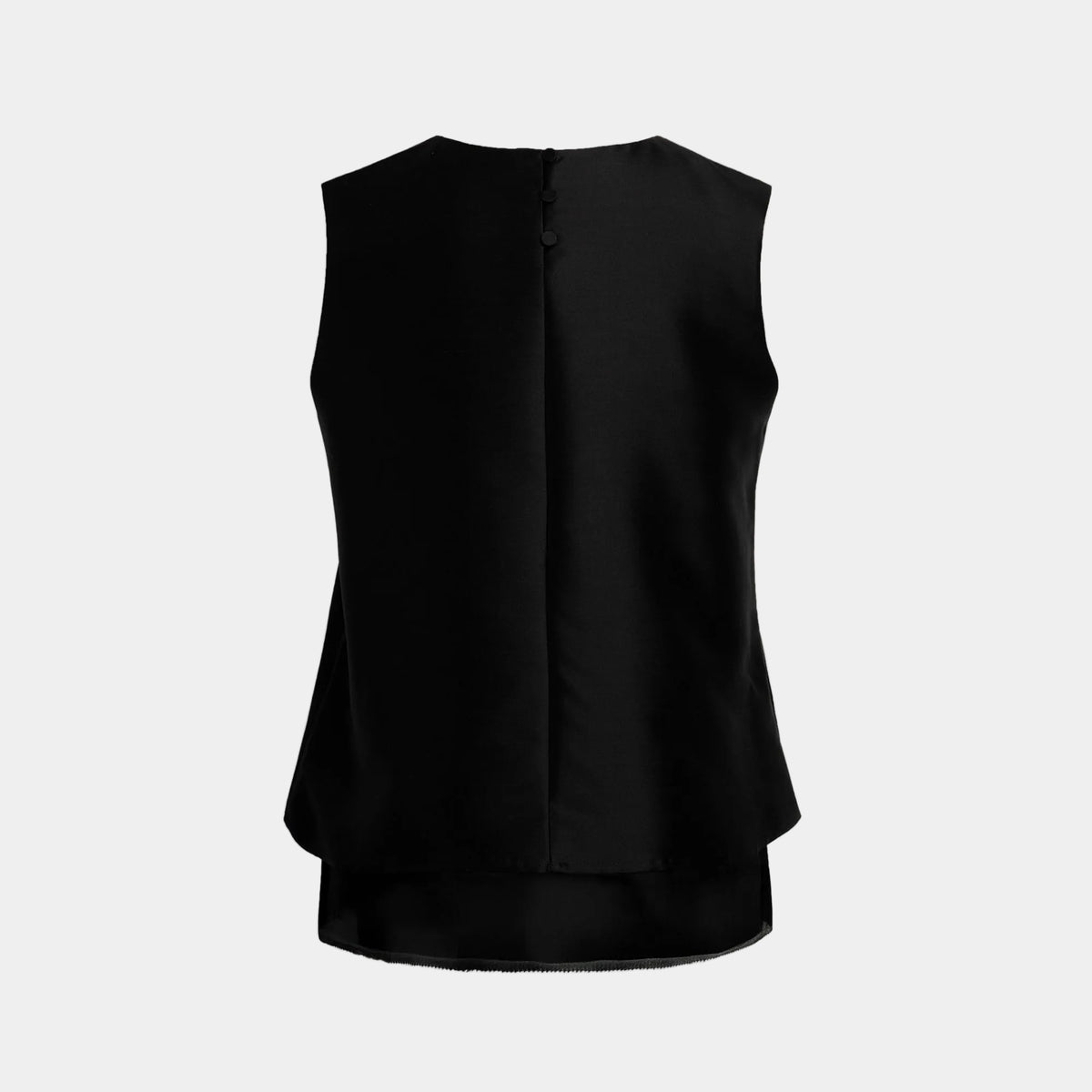 Black sleeveless top on a light gray background