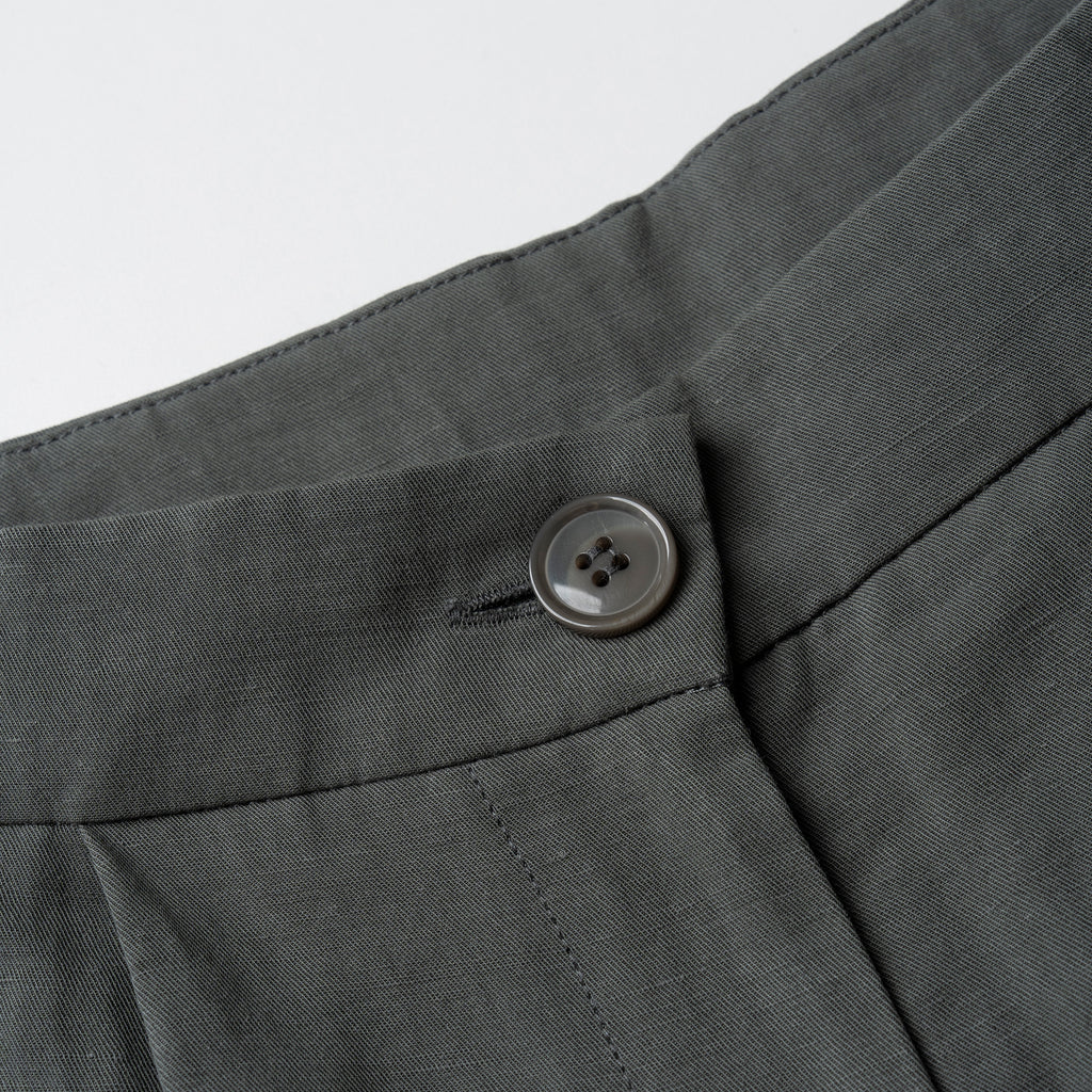 Close-up of a button on a moss greenb fabric with a white background