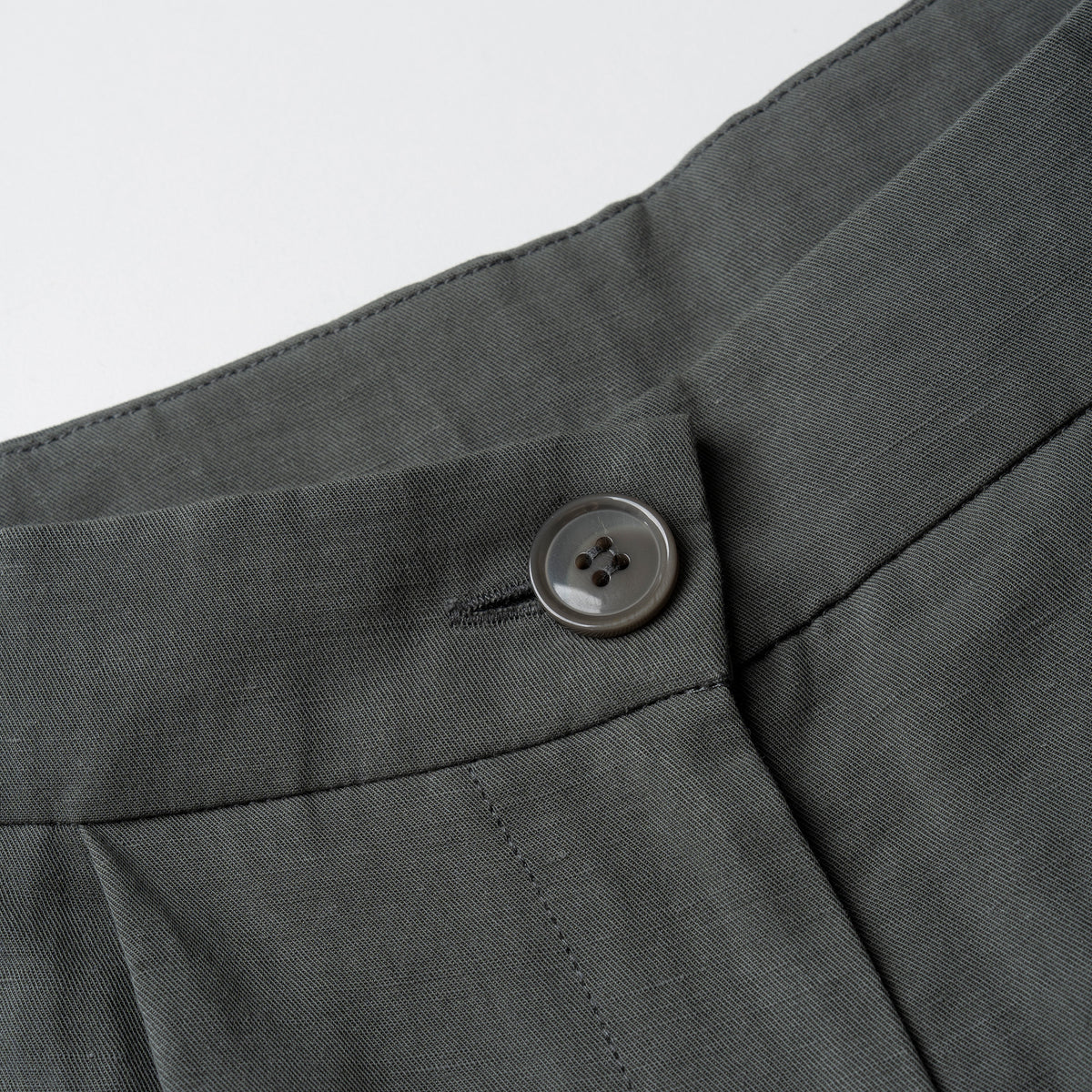 Close-up of a button on a moss greenb fabric with a white background