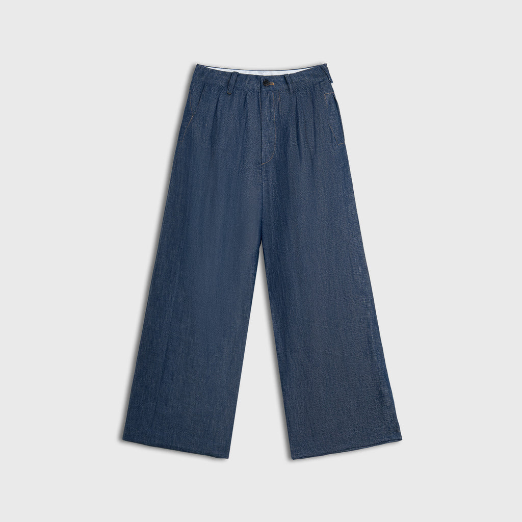 Blue hemp denim pants on a light gray background