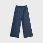 Blue hemp denim pants on a light gray background