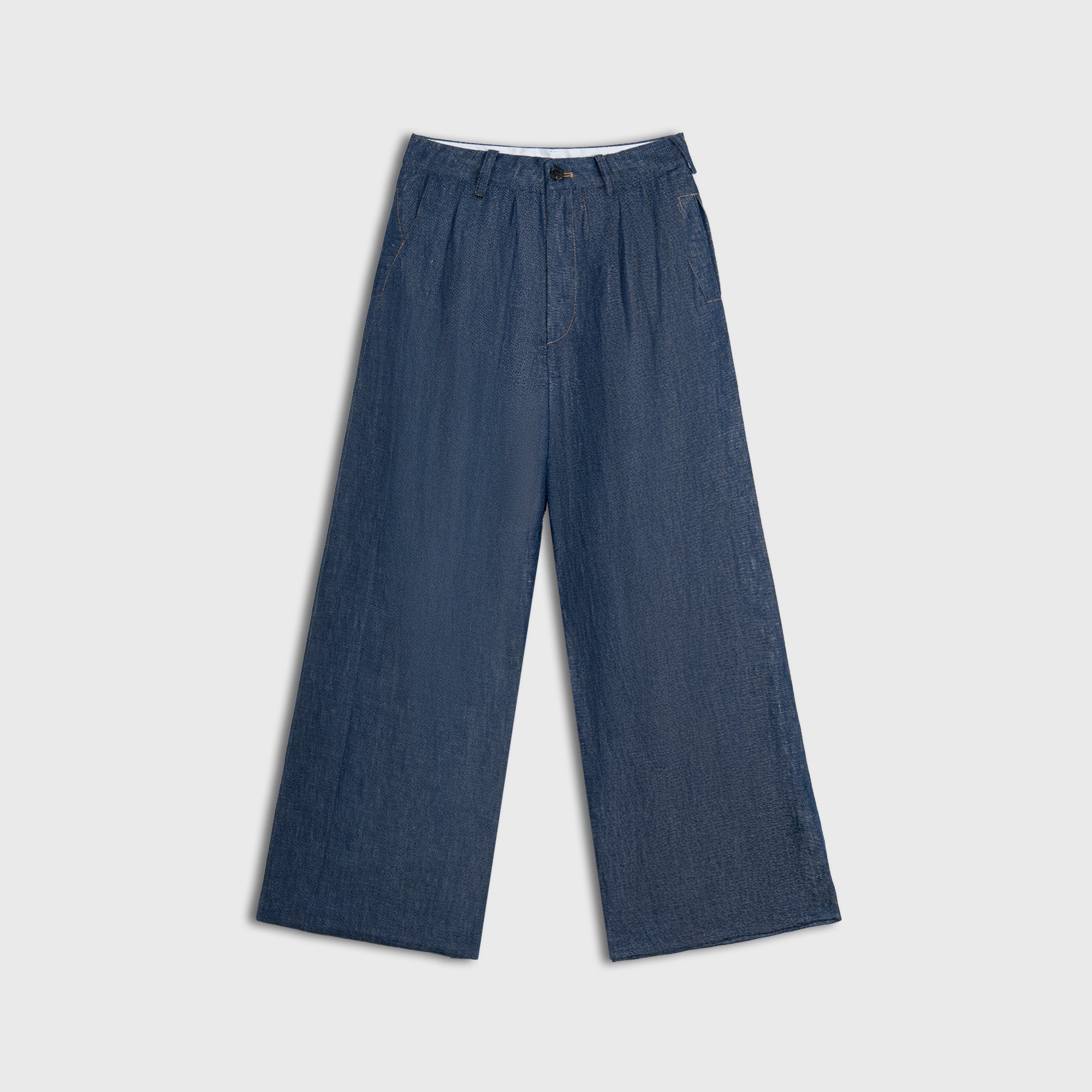 Blue hemp denim pants on a light gray background