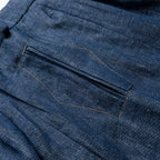 Close-up of blue denim fabric with stitching detail