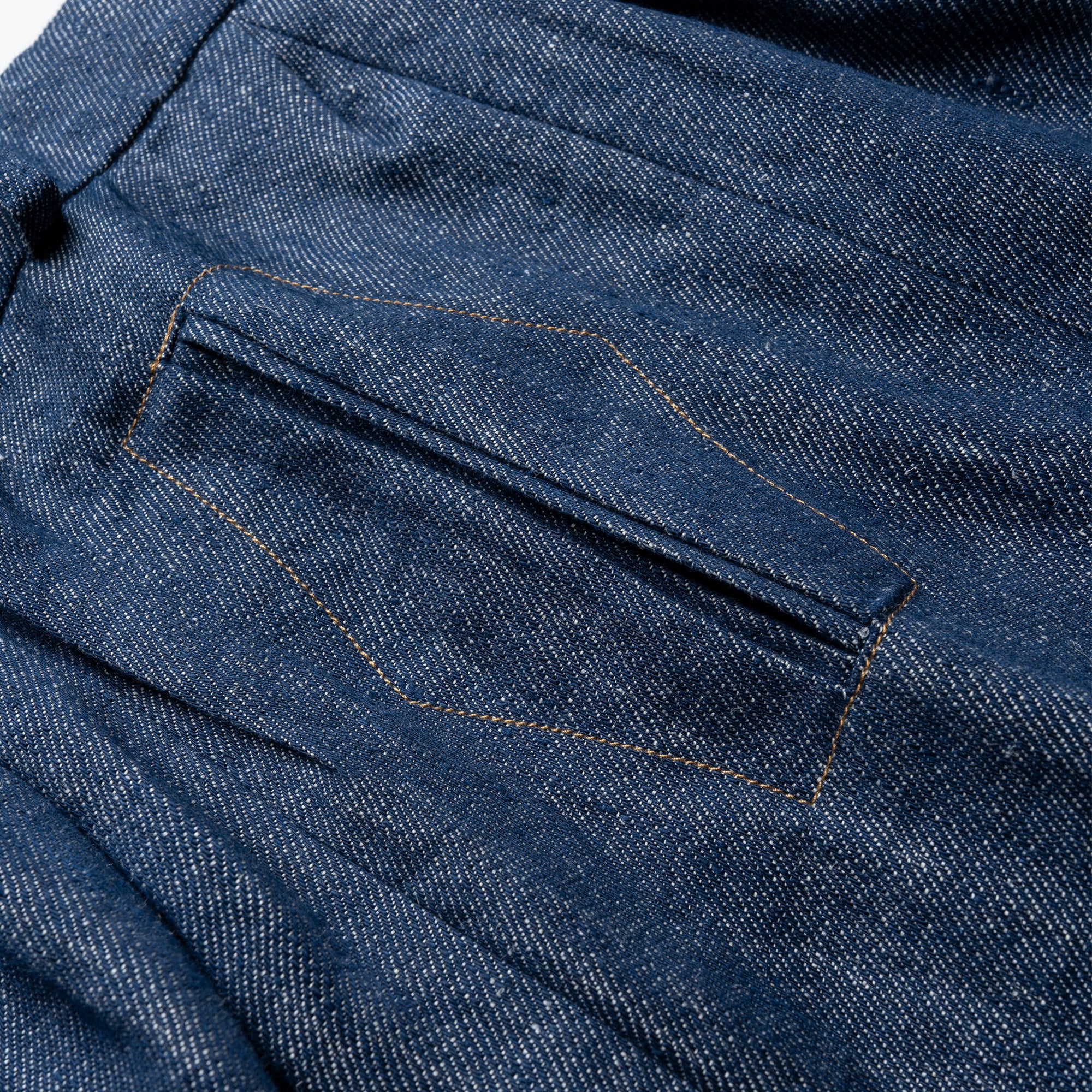 Close-up of blue denim fabric with stitching detail