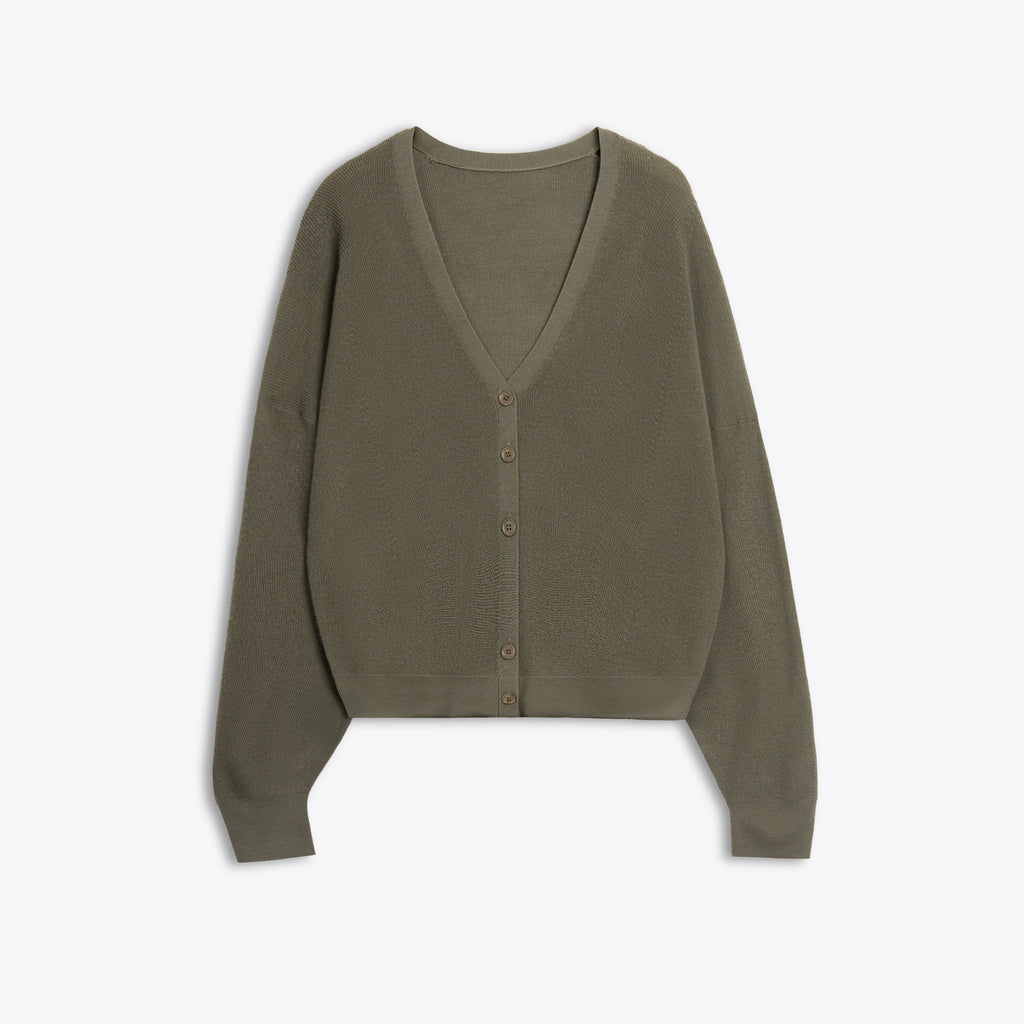 Olive Green cardigan on a white background
