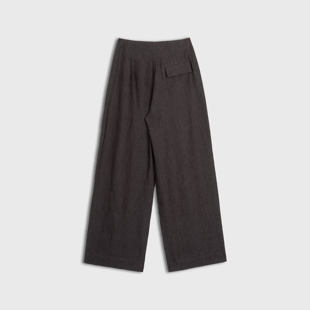 Dark mocha wide-leg pants on a light gray background