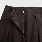 Dark mocha pants with a zipper detail on a light gray background