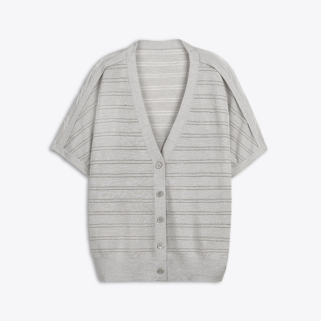 Gray cardigan with button details on a white background