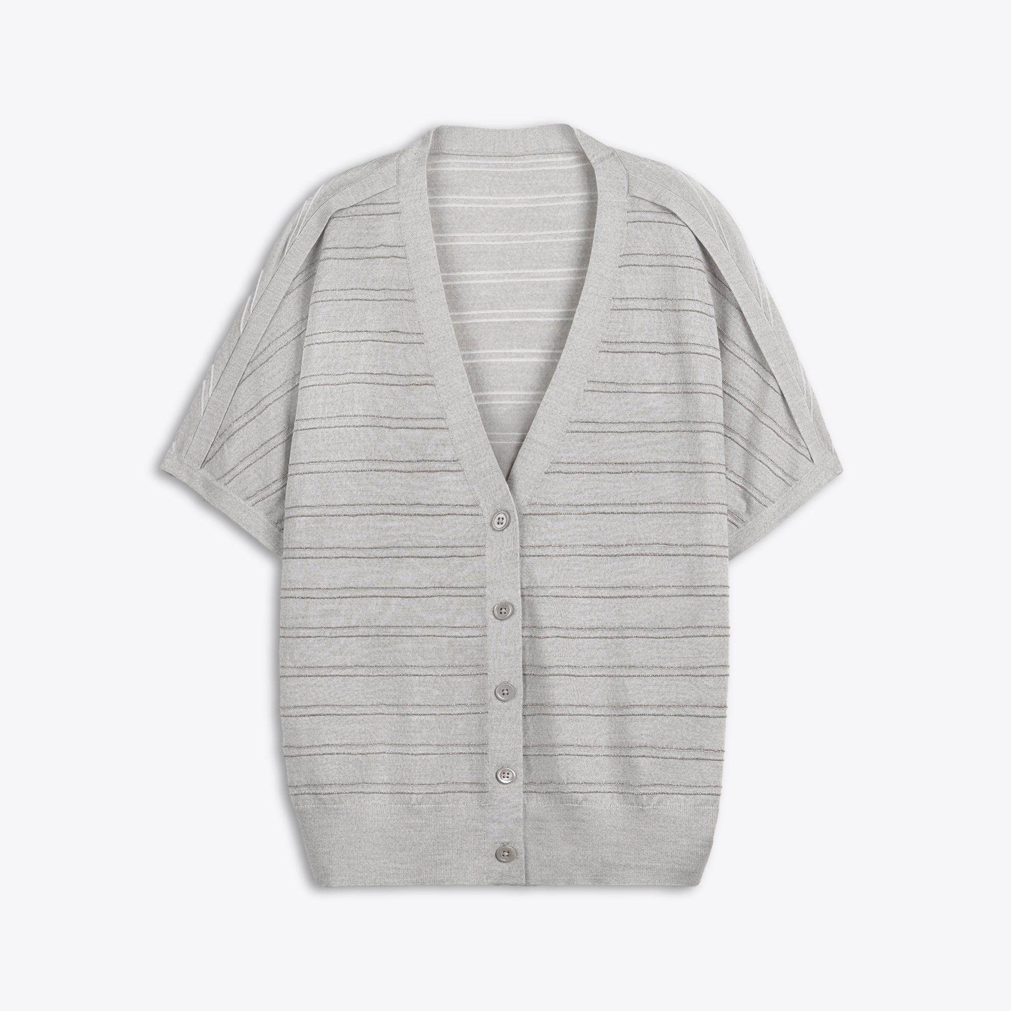 Gray cardigan with button details on a white background